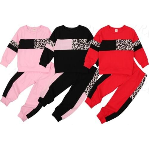 1-6Y Childrens Clothing Sets Fashion Autumn Toddler Kids Girls Leopard Print Sweatshirts Tops+Pants Sports Clothes Tracksuits