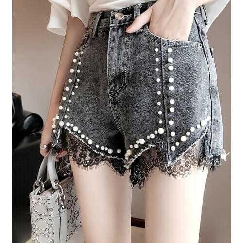Vintage Denim shorts female high waist 2020 new Korean Summer broken hot Shorts Women nail beads lace wide leg Shorts b486