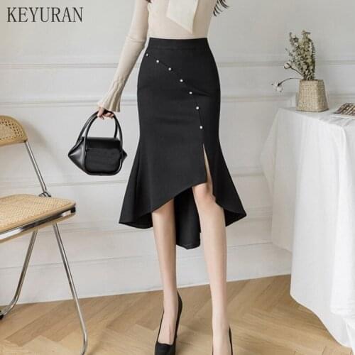 French Diamond Mermaid Skirts 5XL Women New 2021 Black Red Woman Elegant Office High Waist Elastic Slit Midi Package hip Skirt