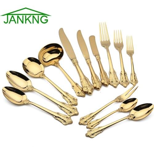 Western Vintage Luxury Cutlery Set Gold Flatware Dinnerware 304 Stainless Steel Tableware Kitchen Knife Fork Spoon Untensile