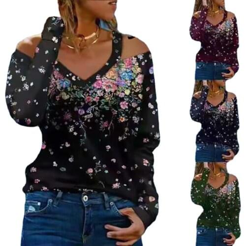 2021 Autumn Large T-shirt Women Sexy Off Shoulder Flower Tops Casual V-Neck Long Sleeve Pullover Tshirts Fashion Street Oversize