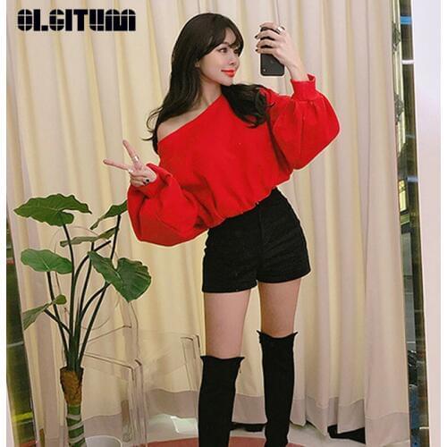 Women Sweatshirt Pullovers 2020 Spring and Autumn New Korean Sexy Slash Neck Short Back Zip Fashion Ladies Female Outwear SS310