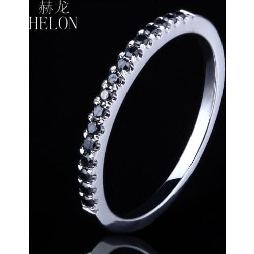HELON Real 14K White Gold Half Eternal 0.15ct Black Diamond Ring Band Style Exquisite Engagement Wedding Women Fine Jewelry Ring