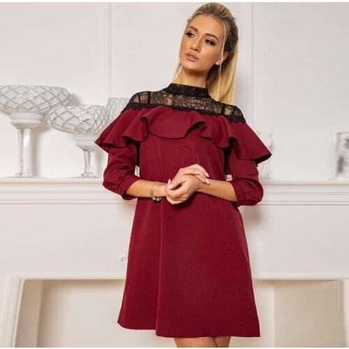 Women Vintage Lace Patchwork Ruffled Party Dress Long Sleeve O neck Solid Elegant Casual Mini Dress 2021 Spring Fashion Dress