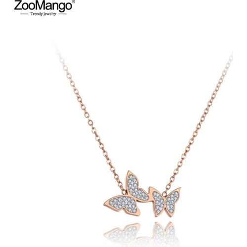 ZooMango Trendy Stainless Steel Double Crystal Butterfly Choker Necklaces Rhinestone Animal Pendant Necklace For Women ZN19179