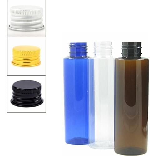 100ml empty clear/blue/amber Cylinder Plastic Bottles pet bottle with silver/gold aluminum caps x5