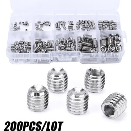 200pcs Hex hexagon socket set screw flat point stainless steel grub screw assortment kit M3 M4 M5 M6 M8 headless set screw