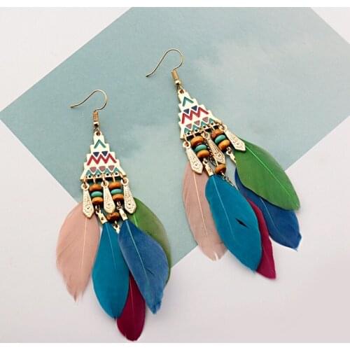 2019 Long Feather Bohemian Feather Earrings Vintage Beads Tassel Hanging Drop Earrings Female Indian Jewelry Oorbellen