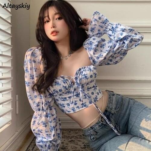 Blouses Women Bandage Floral Long Sleeve Design Sexy Cropped Ulzzang Holiday Party Mujer Leisure Slim Harajuku Popular Simple