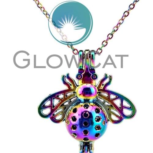 CC84 Rainbow Colors Insect Honeybee Beads Cage Pendant Essential Oil Diffuser Aromatherapy Pearl Cage Locket Necklace