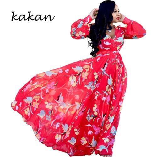 Kakan2019 autumn chiffon green flower long dress womens bohemian digital print dress large size loose dress S-3XL-5XL