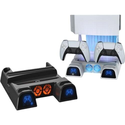 For PS5 Multifunctional Charging Dock Cooling Fans Dualsense Controller Charger with Disk Organizor LED Indicator Light