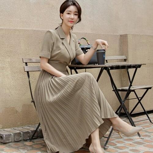 Notched Collar Elegant Pleated Dress Women Short Sleeve Casual Party Dress Office Lady with Belt Long Midi Dress Korean C413