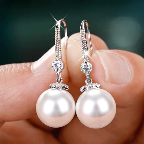 Modyle Elegant Round Imitation Pearl Dangle Earrings Dazzling CZ Women Engagement Wedding Graceful Accessories Fashion Earrings