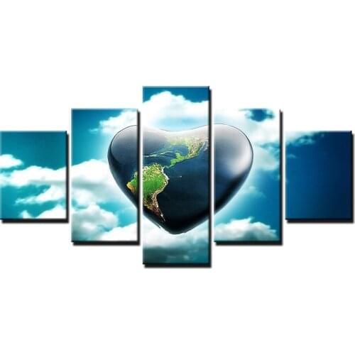 HD Printed Canvas Frame Living Room Wall Art Pictures 5 Pieces Love Heart Stone Map Paintings Blue Sky Posters Home Decor