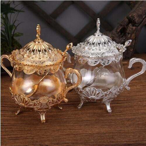 Creative gold/silver glass jars with lids metal candy jar food container storage containers glass bottle glass container TWG012