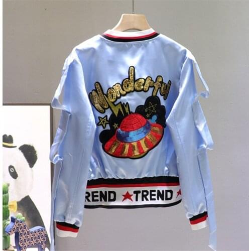 Spring Women Bomber Jacket Letter Embroidery Sequins Zipper Short Coat Female Streetwear Fashion Spliced Loose Sky Blue Jackets