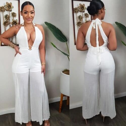 Summer womens clothing Womens jumpsuit white Net yarn Sexy Backless Bandage High waist One-piece suit plus size jumpsuits