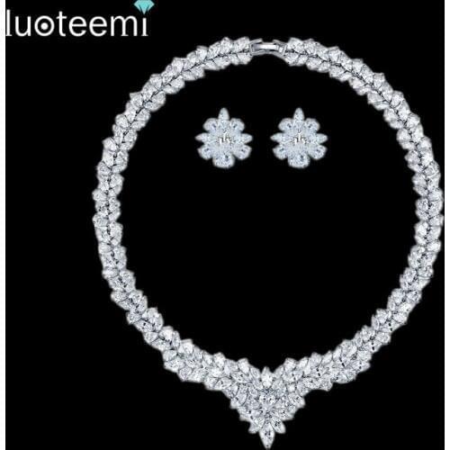 LUOTEEMI New Hot Sale Women AAA Zircon Big Heavy Pendant Clear CZ Bridal Set for Luxury Wedding Choker Necklace Jewelry Sets