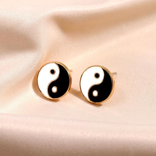 JUST FEEL Fashion Simple Yin and Yang Stud Earrings For Women Golden Drop Glazed Round Heart Earring Geometric Statement Jewelry
