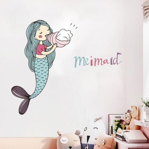 Cartoon mermaid blowing conch Wall Sticker for baby girls room bedroom decorations wallpaper Mural nursery mermaid stickers