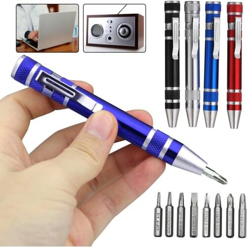 Portable 8 in 1 Aluminum Pen Style Screw Driver Multi-Tool Precision Mobile phone Repair Tool Kit Screwdriver Set Bits