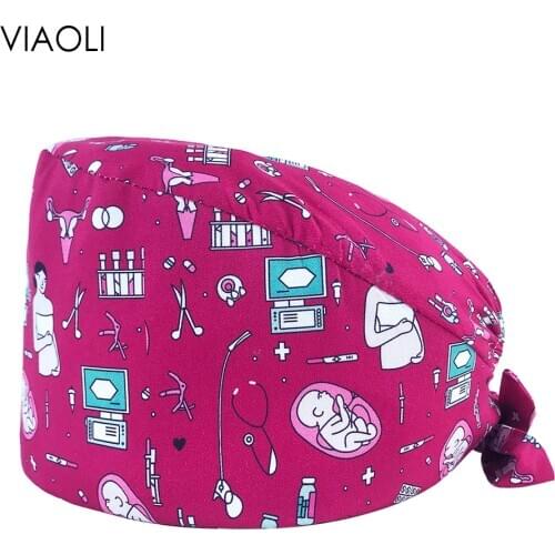 Adjustable Unisex cotton flower Cartoon print hats Scrubs hats beauty salon working caps laboratory pet shop fashion Scrubs Caps