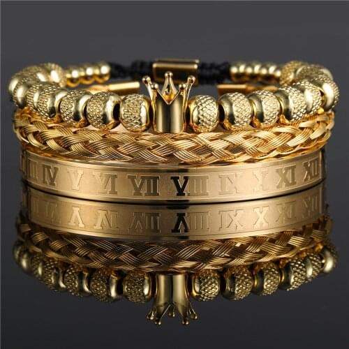 Luxury Royal King Crown Bracelet Set For Men Stainless Steel Bangle Macrame Men Roman Bracelets & Bangles Couple Jewelry Gift