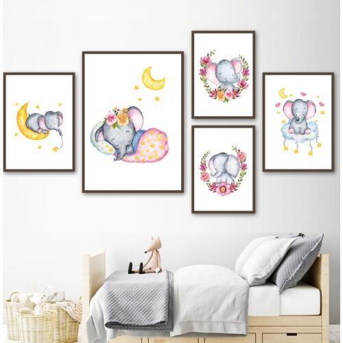 Cartoon Animal Elephant Star Moon Nursery Wall Art Canvas Painting Nordic Posters And Prints Wall Pictures Baby Kids Room Decor