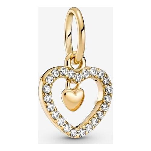 925 Sterling silver Sparkling Double Heart Dangle Charms Golden Pendant Fit Original Bracelet Women Necklace DIY Jewelry