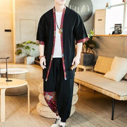 Vintage Chinese Men Summer Thin Kimono Shirt&Pants 2PCS Cardigan Tang Suit Retro Japanese Kimono Robe Casual Suit Clothing Sets