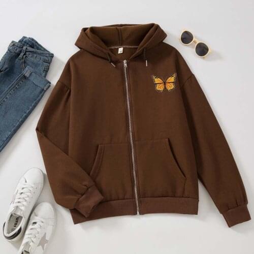 Cotton Hoodies Women Butterfly Jacket Zip Up Women Sweat Vintage Velvet Zipper Sweatshirt Lady Aesthetic Casual Ulzzang Clothes
