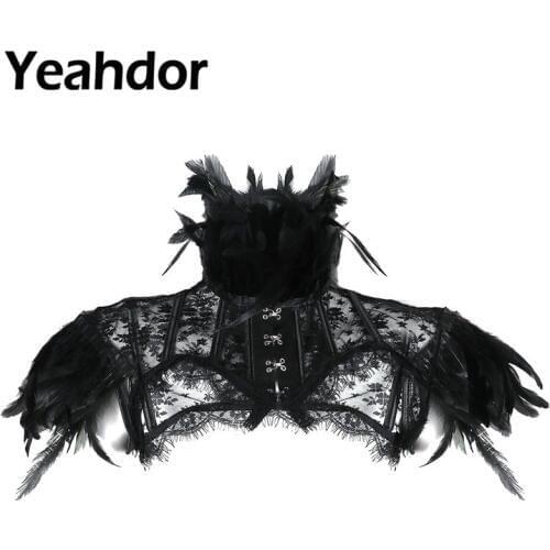 Womens Retro Vintage Punk Gothic Feather Collar Shoulder Lace Cape Bolero Jacket Shrug Tops Halloween Party Goth Rave Costumes