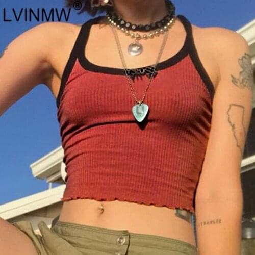 LVINMW Spaghetti Straps Sleeveless Patchwork Knit Camis Ruffles Chic Casual Crop Top Hit Color Soft Slim Tops Women Streetwear