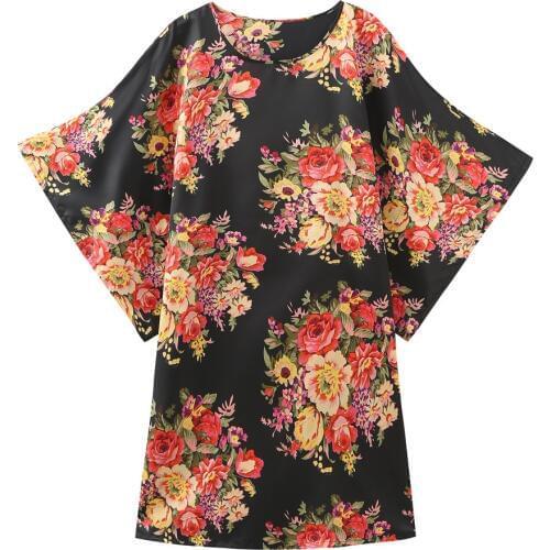 Large Size 3XL 4XL 5XL 6XL Lady Print Flower New Negligee Nightwear Black Satin Sexy Home Dressing Gown O-neck Sleepshirt