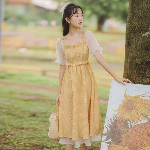 Women Sweet Vintage Dress Summer Bowknot Ruffle Square Collar Sweet Elegant Flare Sleeve Plaid Cute Kawaii Dress