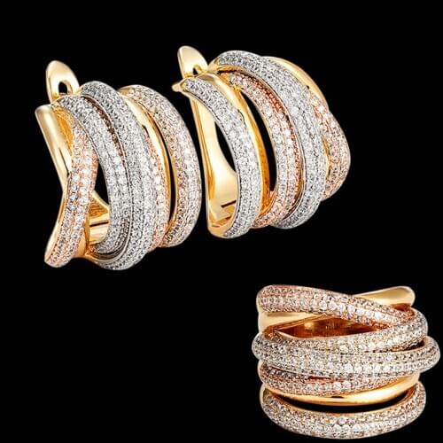 Zlxgirl High-end mixed color electroplating beauty wedding earring & ring jewelry set perfect White Clear zircon copper earings