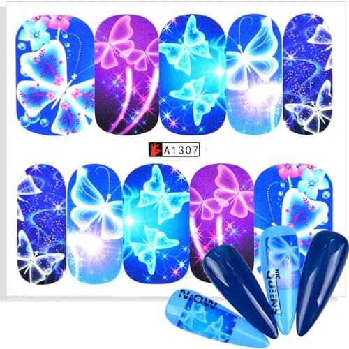 1PC 2021 New Arrival Butterfly Slider Blue Full Wraps Stickers for Nails Art Water Transfer Sticker Watermark Decal Manicure Tip