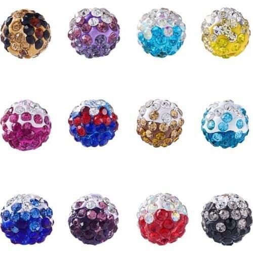 100pcs Two-Tone Color Handmade Polymer Clay Disco Ball Beads with Glass Rhinestone Mixed Color for Jewelry Making 9~10mm