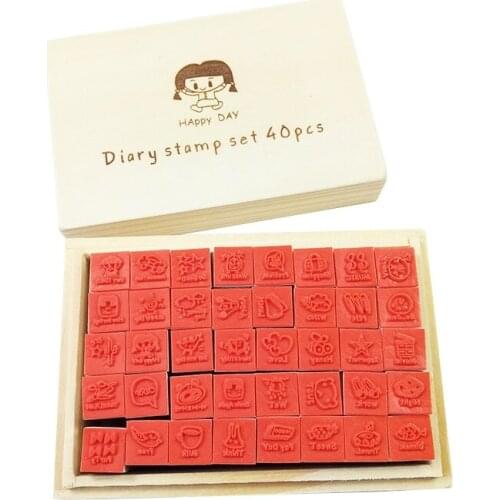 40 Pcs/set Cute Diary Pattern Wooden Box Stamp Rubber Clear Stamps Cute DIY Writing Stamps Gift
