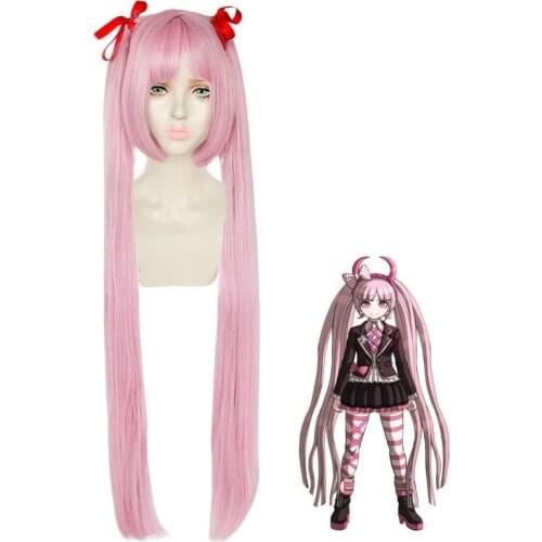 Anime Danganronpa Another Episode Utsugi Kotoko Cosplay Pink Long Wig with Red Ribbon Hair Party Role Play Cosplay Costume