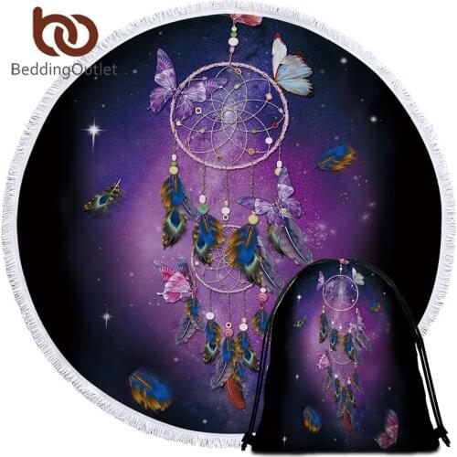 BeddingOutlet Dreamcatcher Tassel Tapestry Butterfly Bohemian Round Beach Towel Purple Toalla Sunblock Blanket 150cm Yoga Mat