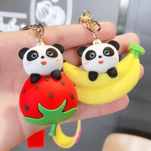 Cartoon Adorable Fruit Panda Keychain Strawberry Peach Banana Keyring Girl Backpack Pendant Doll Friends Birthday Christmas Gift
