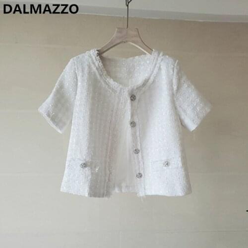 DALMAZZO Drop Shipping Women O Neck Tweed Woolen Single-Breasted Short Jacket Coat 2021 New Autumn Lady Plaid Slim Coats Female