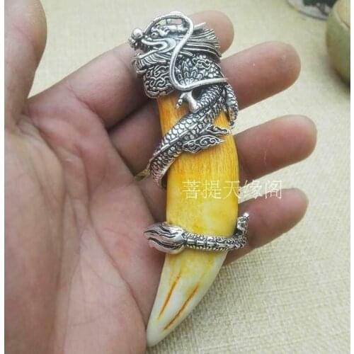 Men Chinese Antique Boars Tooth Wild Hog Silver Dragon Protective Talisman Pendant Kids Jewelry Boyfriend Gift Tibetan