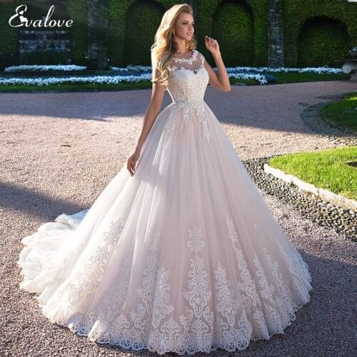 EVALOVE New Arrival Elegant Scoop Neck Lace Up A-Line Wedding Dress Gorgeous Appliques Cap Sleeve Customized Vintage Bridal Gown
