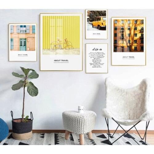 City Landscape House Building Bicycle Yellow Car Window Door Canvas Painting Wall Picture Printing Poster Room Sofa Decoration