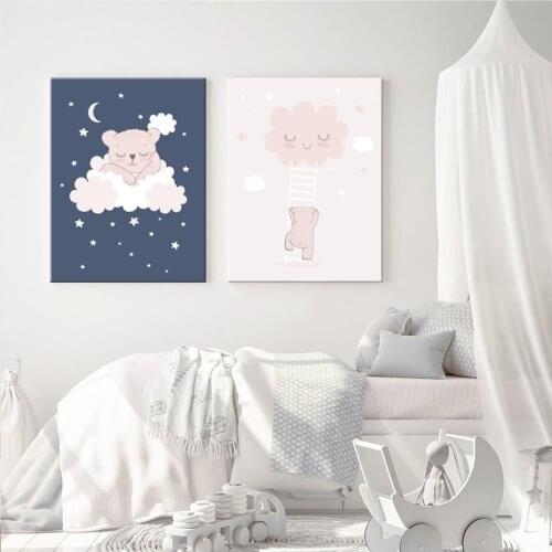 Cartoon Bear Painting Cloud Star Nursery Canvas Print Blue Pink Ladder Wall Art Kids Poster and Picture for Baby Room Home Decor