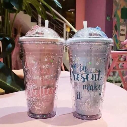 Kawaii Dinosaur Blossom Bottle Creative Sequin Rabbit Crushed Ice Cup Summer Drink Mugs With Straw Coffee Juice Mugs
