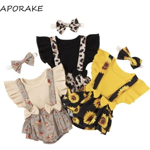2021 0-24M Infant Baby Girl Clothing Set Solid Ruffle Short Sleeve T-shirt+Bow Floral Print Layered Straps Shorts Summer 3pcs